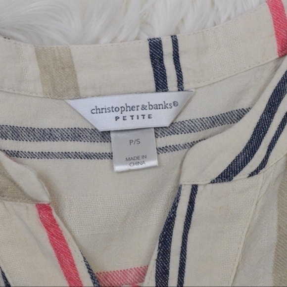 Linen Blend Short Tie Sleeve Pullover V-Neck Striped Blouse, Size Petite Small - Picture 4 of 7